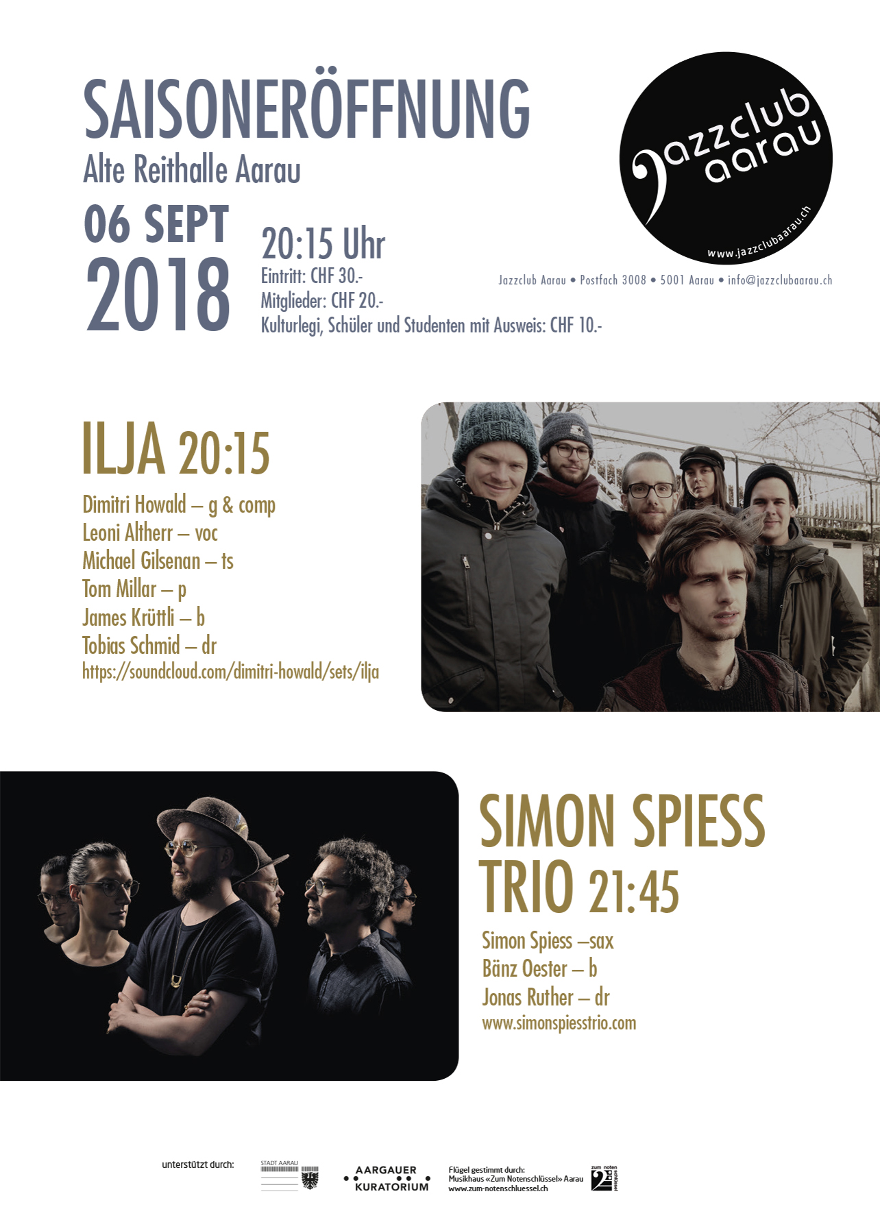 Konzertflyer «Jazzclub Aarau Saisonerstart Alte Reithalle Aarau 2018